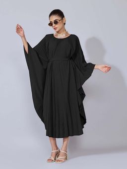 SHOWOFFFF - Women Black Cotton Solid Kaftan Dress with Belt