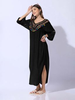 SHOWOFFFF - Women Black Cotton Solid A-Line Dress