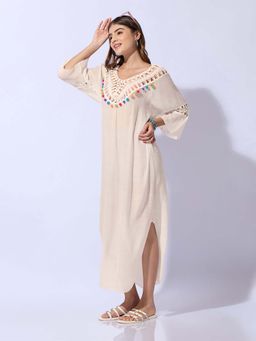 SHOWOFFFF - Women Cream Cotton Solid A-Line Dress