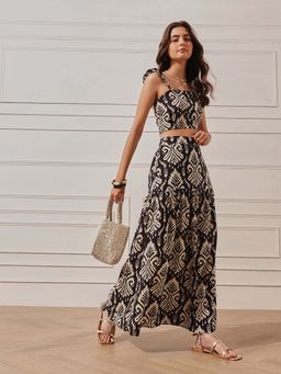 STREET 9 - Women Black Cotton Abstract Top with Skirt