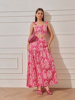 STREET 9 - Women Pink Cotton Abstract Top with Skirt