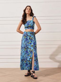 STREET 9 - Women Blue Cotton Abstract Top with Skirt