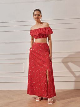 STREET 9 - Women Red Crepe Floral Top with Skirt