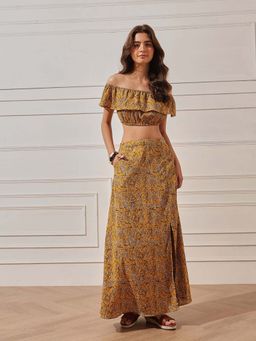 STREET 9 - Women Yellow Crepe Floral Top with Skirt