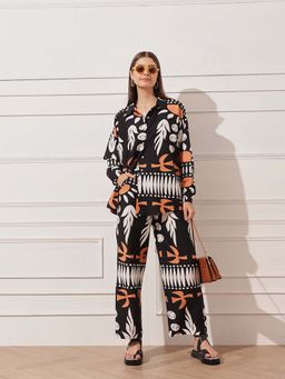 STREET 9 - Women Black Cotton Abstract Co-Ord Set