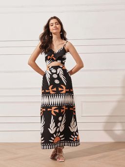 STREET 9 - Women Black Cotton Abstract Top with Skirt