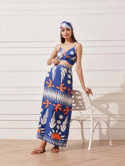STREET 9 - Women Blue Cotton Abstract Top with Skirt