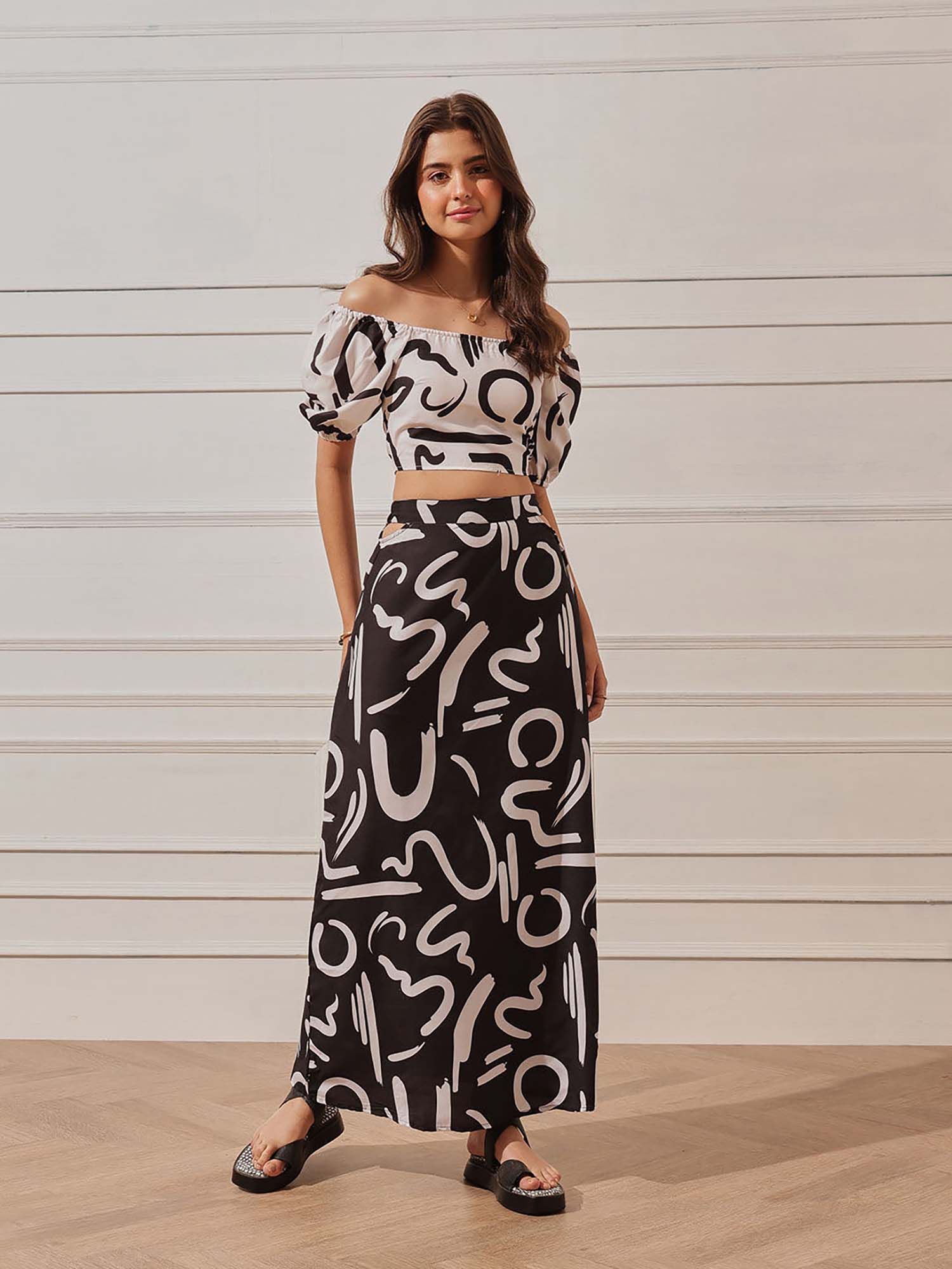 street 9 Women Black Rayon Abstract Top with Skirt-picture-8