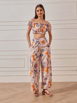 STREET 9 - Women Beige Rayon Animal Print Co-Ord Set
