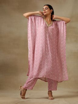 trueBrowns - Light Mauve Bandhani Printed Silk Kaftan Kurta Pant (Set of 2)