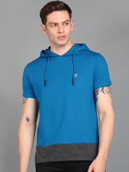 Urbano Fashion - Men Cotton Blue Slim Fit Hooded T-Shirt