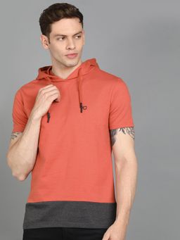 Urbano Fashion - Men Cotton Coral Slim Fit Hooded T-Shirt