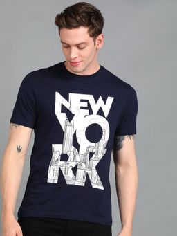 Urbano Fashion - Men Navy Blue Printed Slim Fit Cotton T-Shirt