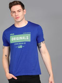Urbano Fashion - Men Royal Blue Printed Slim Fit Cotton T-Shirt