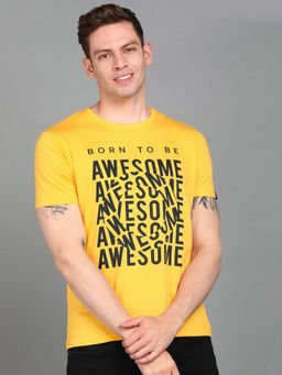 Urbano Fashion - Men Lime Yellow Printed Slim Fit Cotton T-Shirt