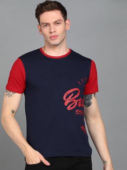 Urbano Fashion - Men Navy Blue Red Printed Slim Fit Cotton T-Shirt