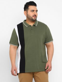 Urbano Plus - Men Olive Colourblock Regular Fit Cotton Polo T-Shirt
