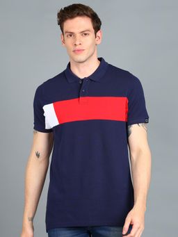 Urbano Fashion - Men Navy Blue Colourblock Slim Fit Cotton Polo T-Shirt