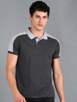Urbano Fashion - Men Grey Melange Colourblock Slim Fit Cotton Polo T-Shirt