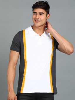 Urbano Fashion - Men Grey Melange Colourblock Slim Fit Cotton Polo T-Shirt