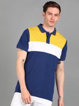 Urbano Fashion - Men Dark Blue Colourblock Slim Fit Cotton Polo T-Shirt