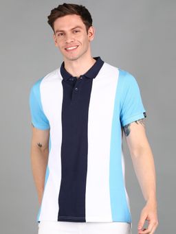Urbano Fashion - Men Blue Colourblock Slim Fit Cotton Polo T-Shirt