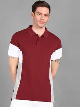 Urbano Fashion - Men Maroon Colourblock Slim Fit Cotton Polo T-Shirt
