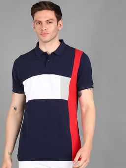 Urbano Fashion - Men Navy Colourblock Slim Fit Cotton Polo T-Shirt
