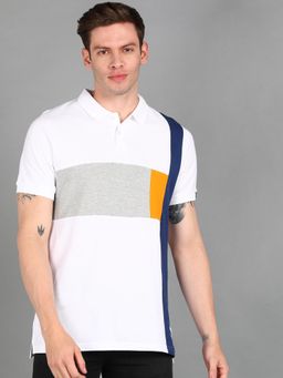 Urbano Fashion - Men White Colourblock Slim Fit Cotton Polo T-Shirt