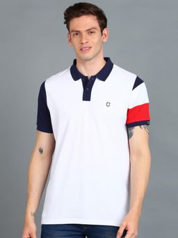 Urbano Fashion - Men White Colourblock Slim Fit Cotton Polo T-Shirt