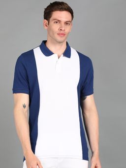 Urbano Fashion - Men Blue Colourblock Slim Fit Cotton Polo T-Shirt
