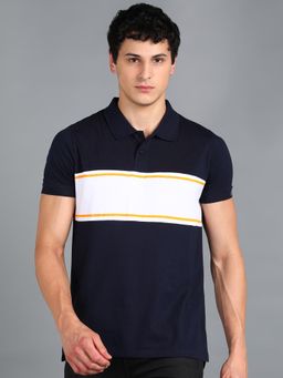 Urbano Fashion - Men Navy Blue Colourblock Slim Fit Cotton Polo T-Shirt