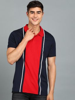 Urbano Fashion - Men Navy Blue Colourblock Slim Fit Cotton Polo T-Shirt