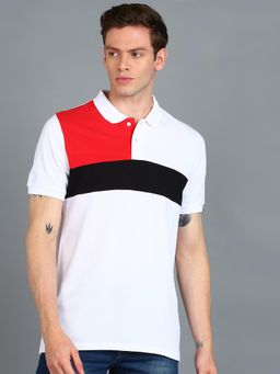 Urbano Fashion - Men White Colourblock Slim Fit Cotton Polo T-Shirt