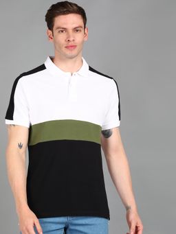 Urbano Fashion - Men Black Colourblock Slim Fit Cotton Polo T-Shirt