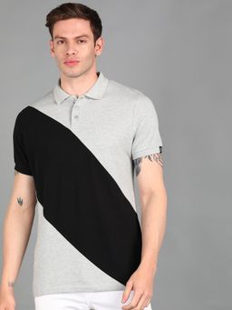 Urbano Fashion - Men Grey Colourblock Slim Fit Cotton Polo T-Shirt