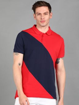 Urbano Fashion - Men Red Colourblock Slim Fit Cotton Polo T-Shirt