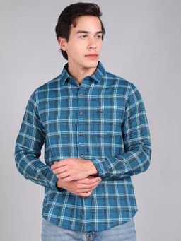 Urbano Fashion - Men Blue Cotton Slim Fit Casual Checks Shirt