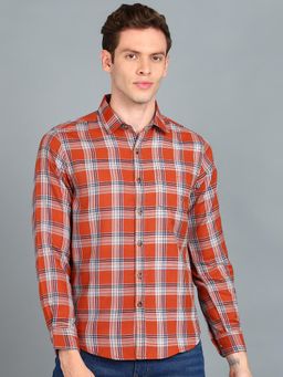 Urbano Fashion - Men Orange Cotton Slim Fit Casual Checks Shirt