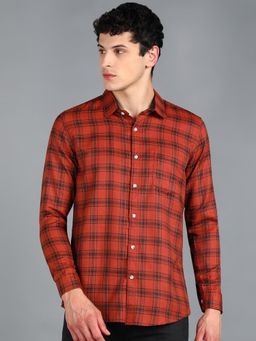Urbano Fashion - Men Orange Cotton Slim Fit Casual Checks Shirt