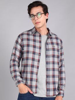 Urbano Fashion - Men Grey Cotton Slim Fit Casual Checks Shirt
