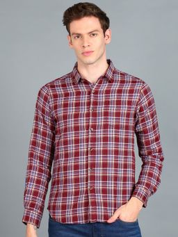 Urbano Fashion - Men Red Cotton Slim Fit Casual Checks Shirt
