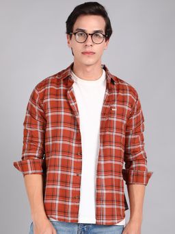 Urbano Fashion - Men Orange Cotton Slim Fit Casual Checks Shirt