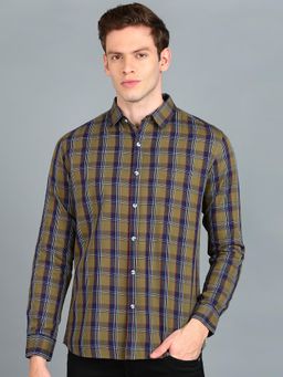 Urbano Fashion - Men Olive Cotton Slim Fit Casual Checks Shirt