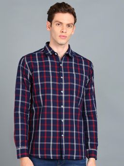 Urbano Fashion - Men Navy Blue Cotton Slim Fit Casual Checks Shirt