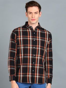 Urbano Fashion - Men Black Orange Cotton Slim Fit Casual Checks Shirt