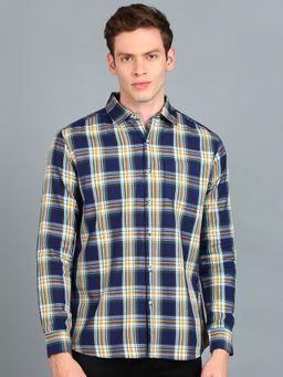 Urbano Fashion - Men Navy Blue Cotton Slim Fit Casual Checks Shirt