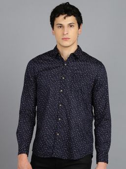 Urbano Fashion - Men Navy Blue Cotton Slim Fit Casual Printed Shirt