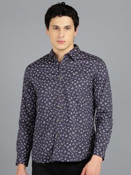 Urbano Fashion - Men Navy Blue Cotton Slim Fit Casual Printed Shirt