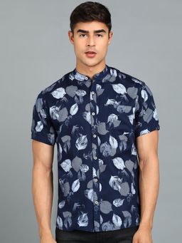 Urbano Fashion - Men Navy Blue Cotton Slim Fit Casual Printed Shirt